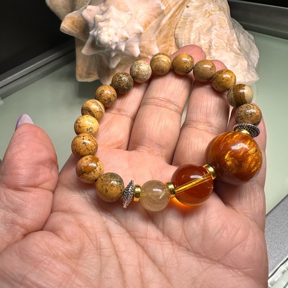 PICTURE JASPER + CITRINE + WILLOW SEA CORAL  NATURAL STONE BRACELET size 7” - Picture 11 of 13